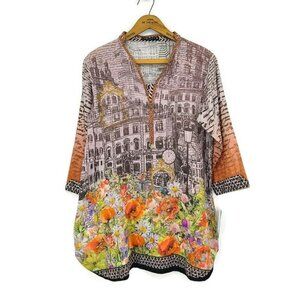 New Limelight Tunic Top Womens Medium Floral City Print Rust Cotton Tunic